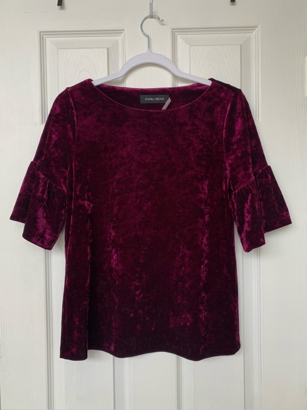 Ivanka Trump Velvet Ruffle Sleeve Women's Top, deep purple, S
